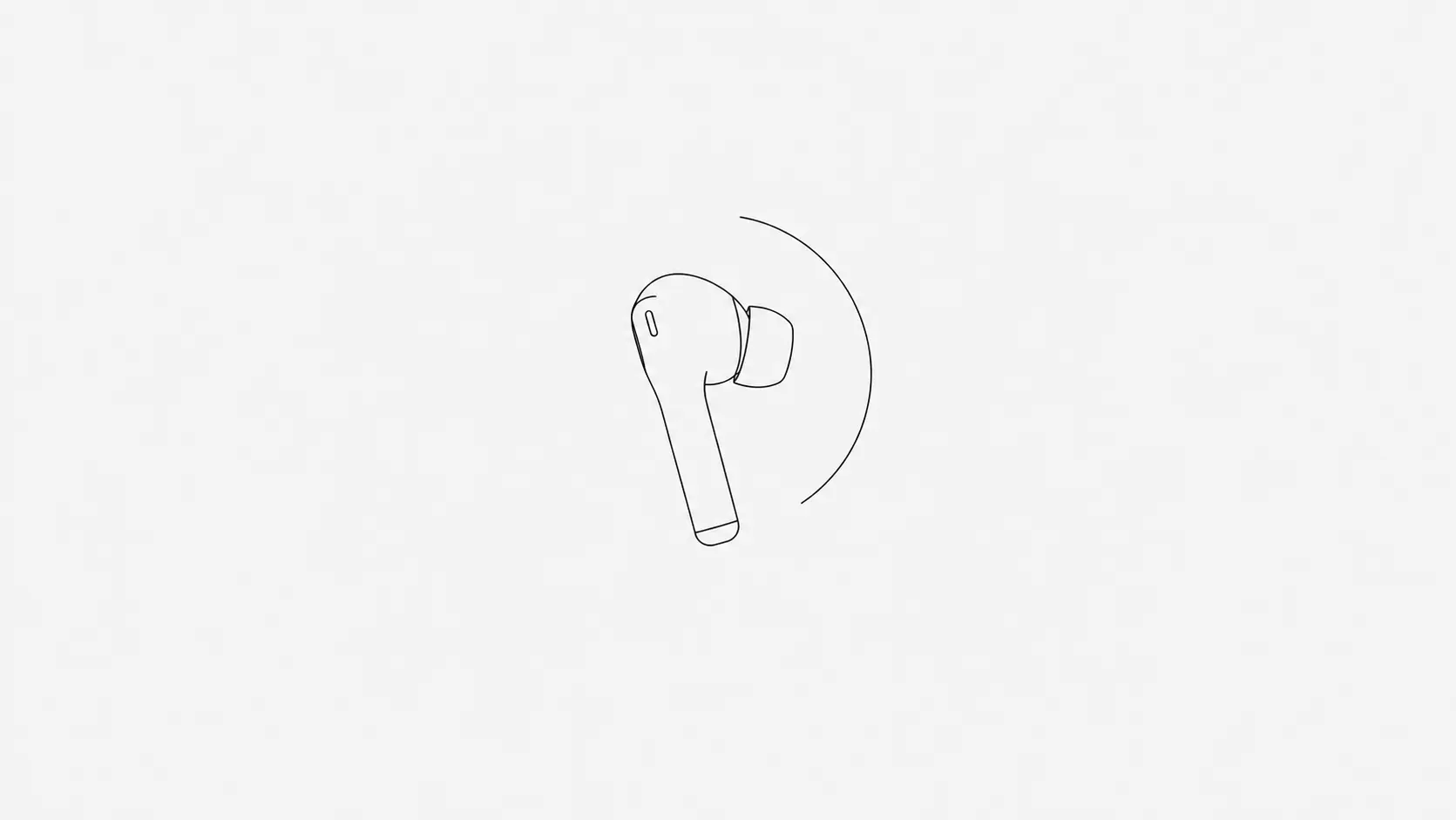 A single wireless earbud drawn in side elevation, with one thin curved arc beside it suggesting a tilt