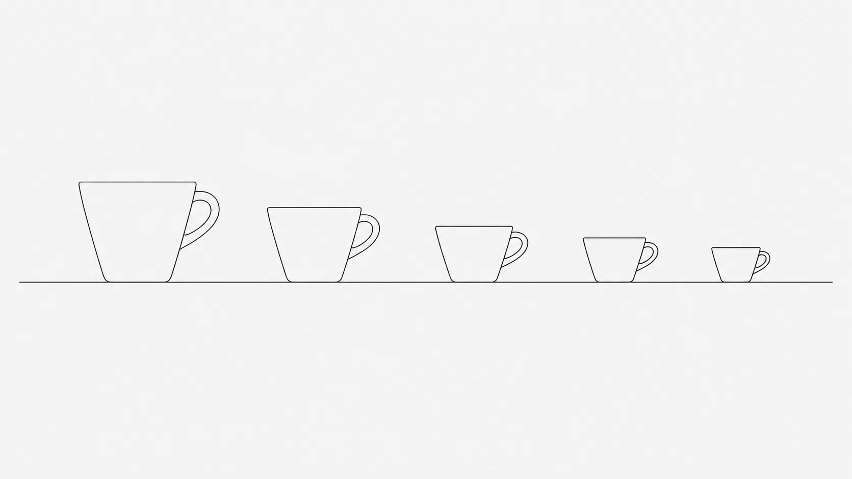 A line drawing of a single cup in flat elevation beside a horizontal timeline marked with evenly spaced points, each drawn smaller than the last