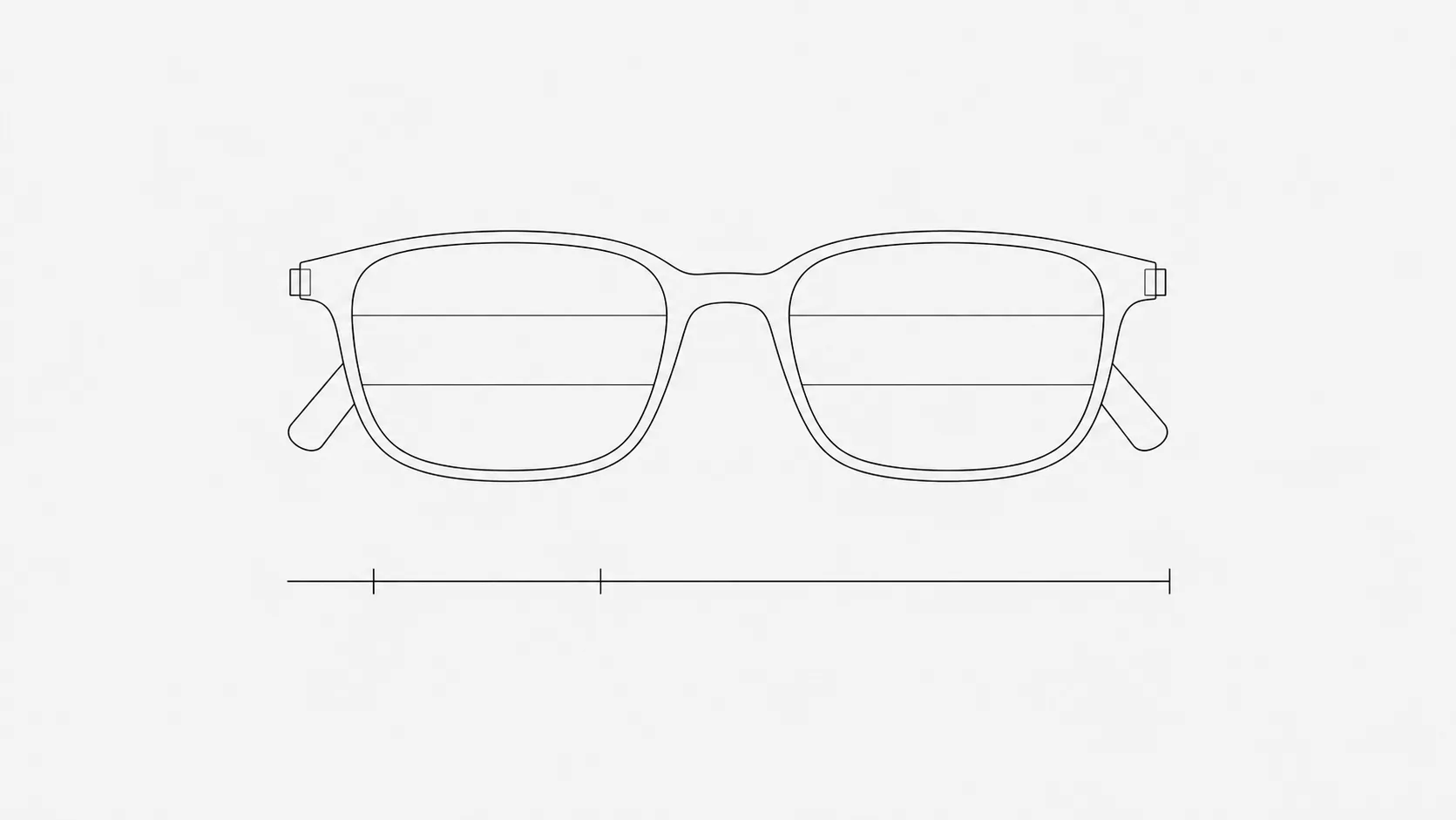 A line drawing of a pair of spectacles seen from the front with three horizontal zones marked across the lenses, and a separate scale line running away from them