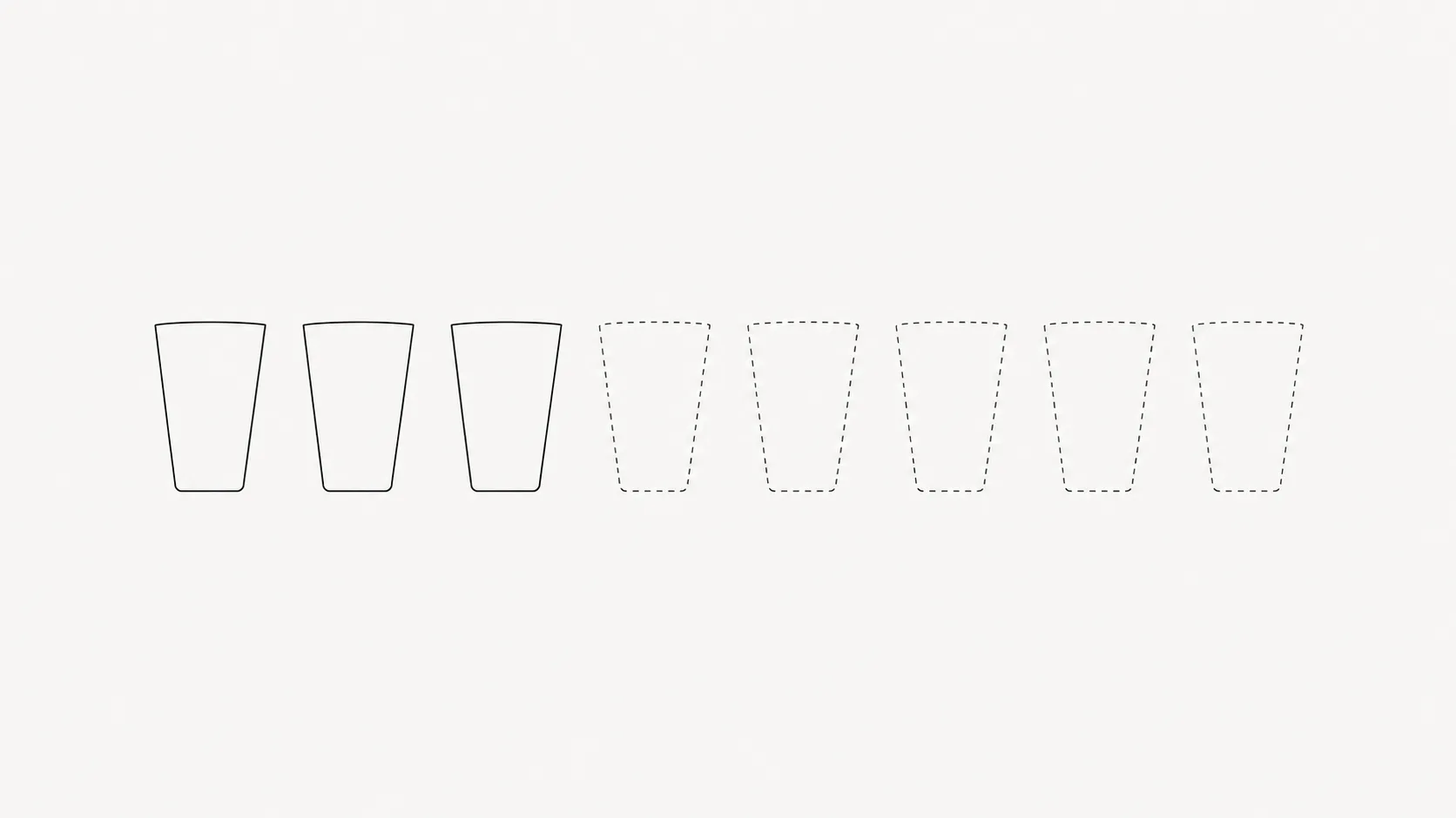 A line diagram of eight identical glasses in a row, with the last few drawn in dashes to suggest they were never really there