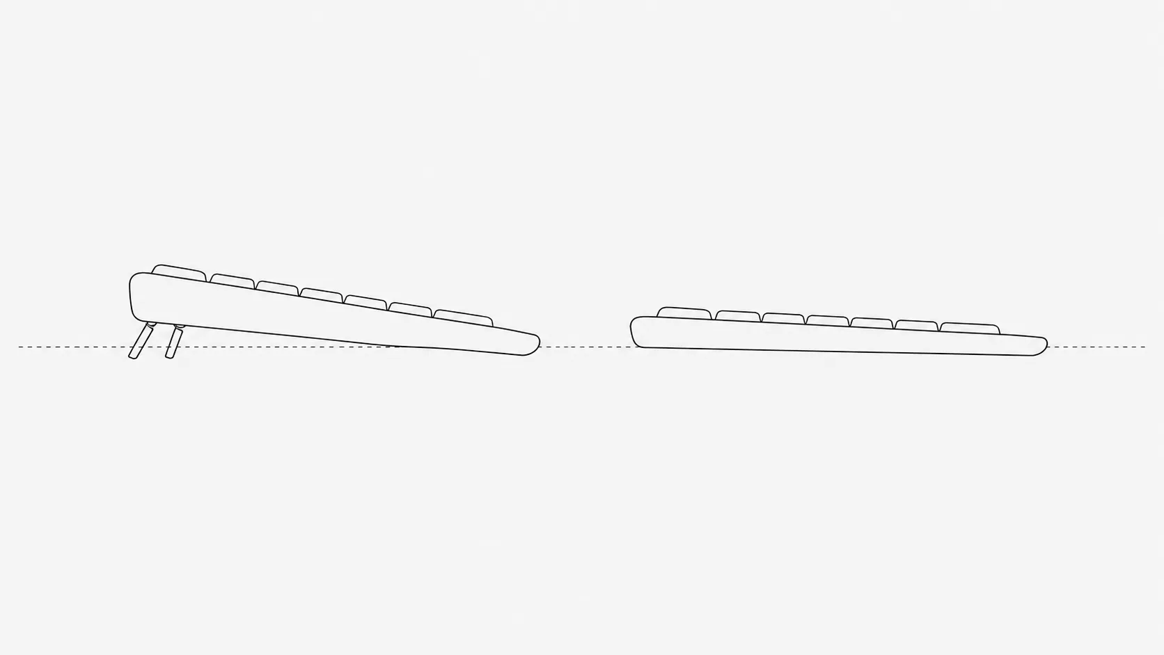 A line drawing of a keyboard in side profile shown twice, once propped up at the back on its flip-out feet and once sloping gently away from the viewer