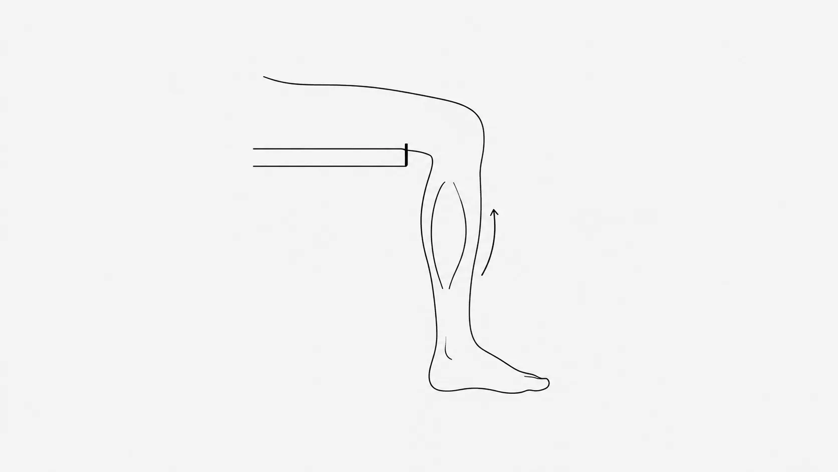 A line diagram of a seated leg in profile showing the seat edge behind the knee and the calf, with a small arrow at the calf indicating a pump
