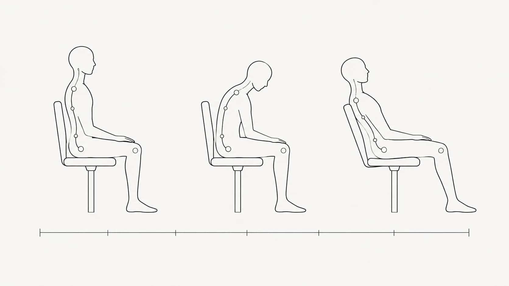 A line diagram of a spine in three seated positions, upright, slumped and reclined, with a horizontal time axis beneath