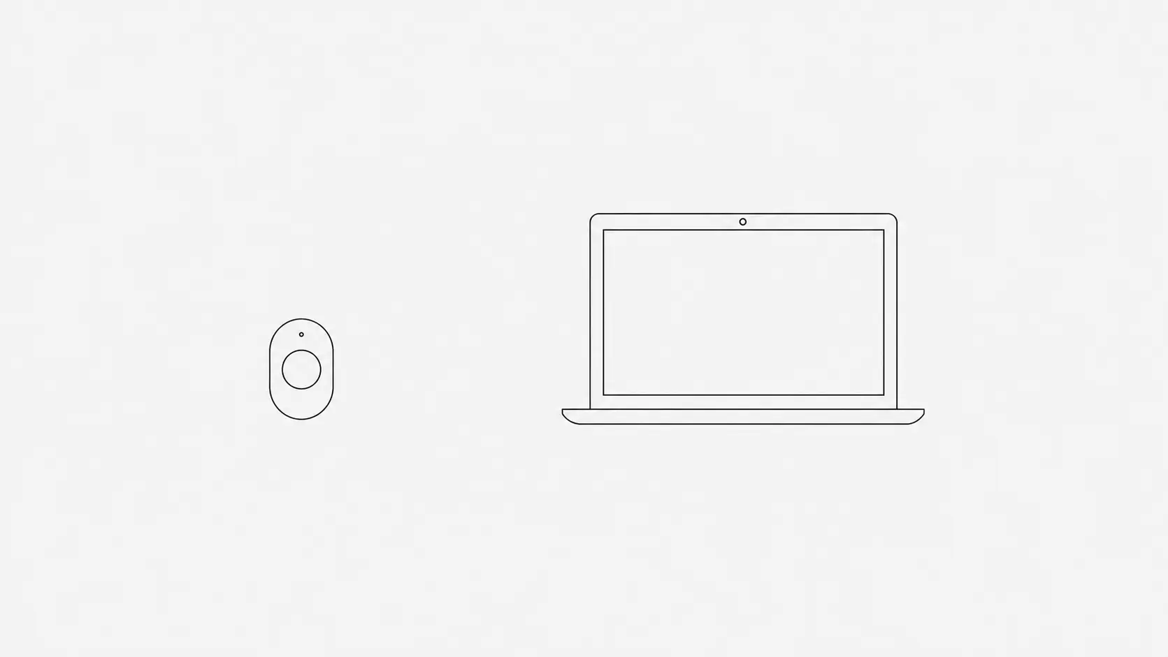 A small oval sensor on the left and an open laptop with a camera dot on the right, standing on the same baseline with empty space between them