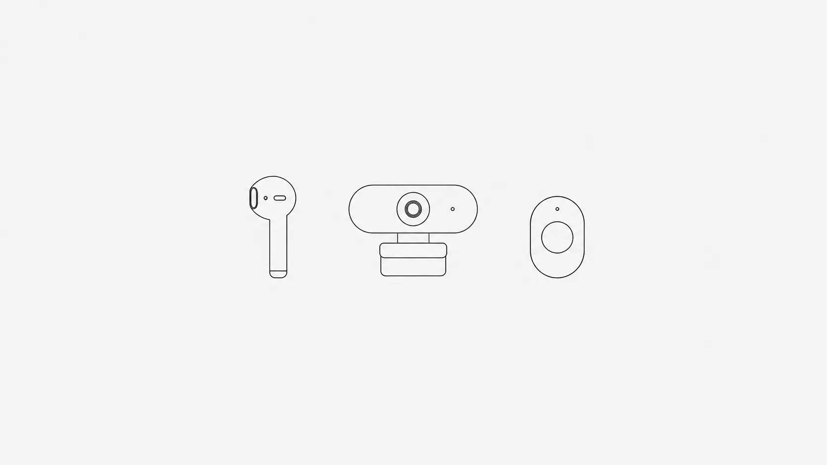 A single earbud, a small clip-on webcam and a small oval sensor standing in an evenly spaced row on one baseline