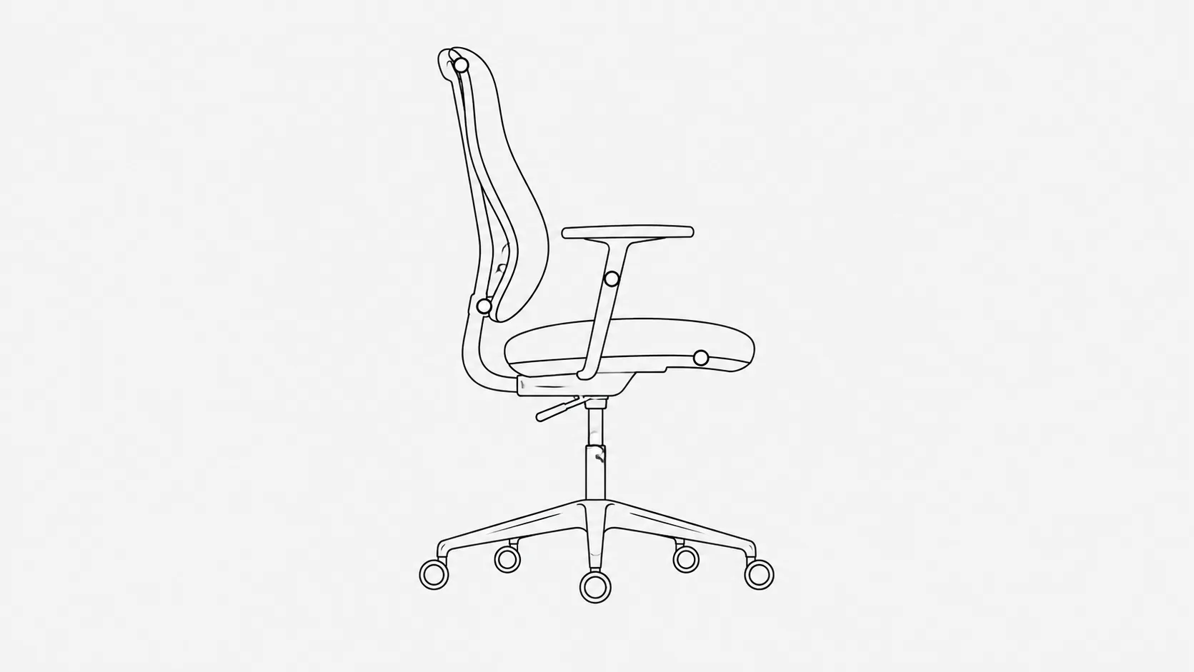 A line diagram of an office chair in profile with its adjustment points marked as small circles and nothing else labelled