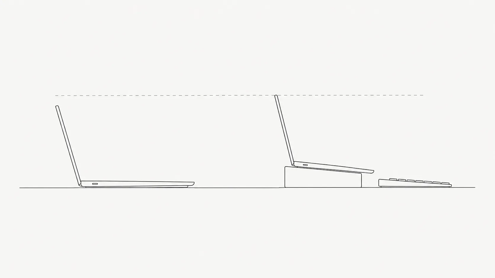 A line diagram of a laptop shown twice, once flat on a desk and once raised on a stand with a separate keyboard below it