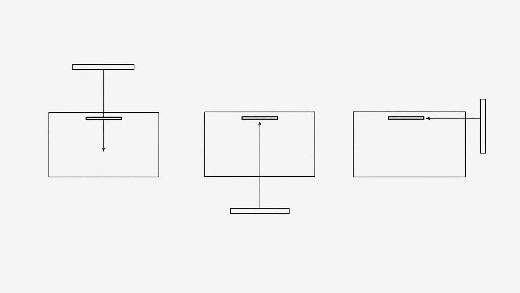 A line diagram of a desk from above with a window and a screen shown in three positions, one facing the window, one backing onto it and one side-on