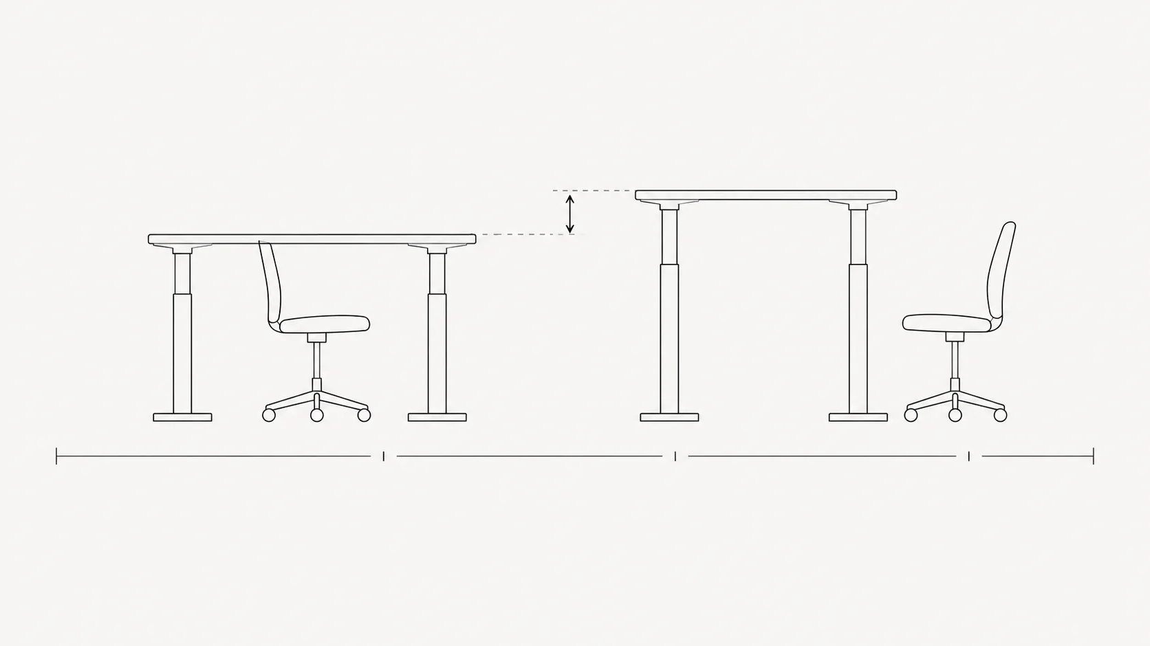 A line diagram of a sit-stand desk shown at two heights side by side, with a horizontal time axis beneath rather than a person